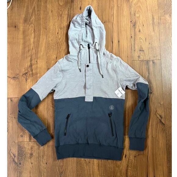 NWT Volcom Men's Small Hoodie Pullover Zip and button Gray and Blue - Picture 1 of 9
